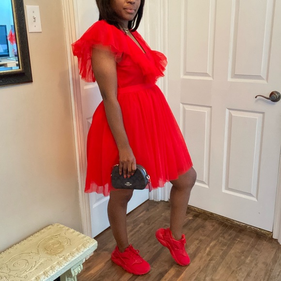 Red Ruffle Trim Mesh Dress - Picture 7 of 8